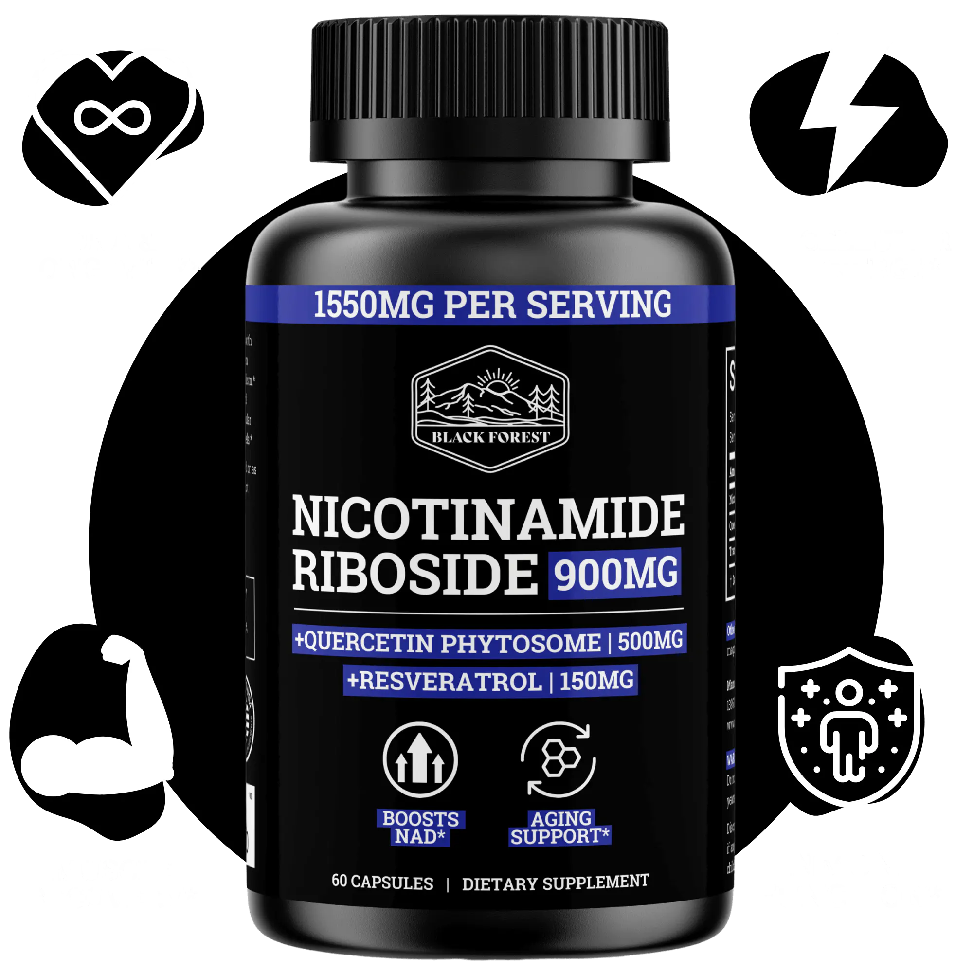 Black Forest Premium 3 in 1 NR supplement bottle, black with dark blue text, showing '1500 mg per serving' and icons for Supports DNA & Longevity, Muscle Recovery, Supports, Celullar Renewal, and Inmune Function.