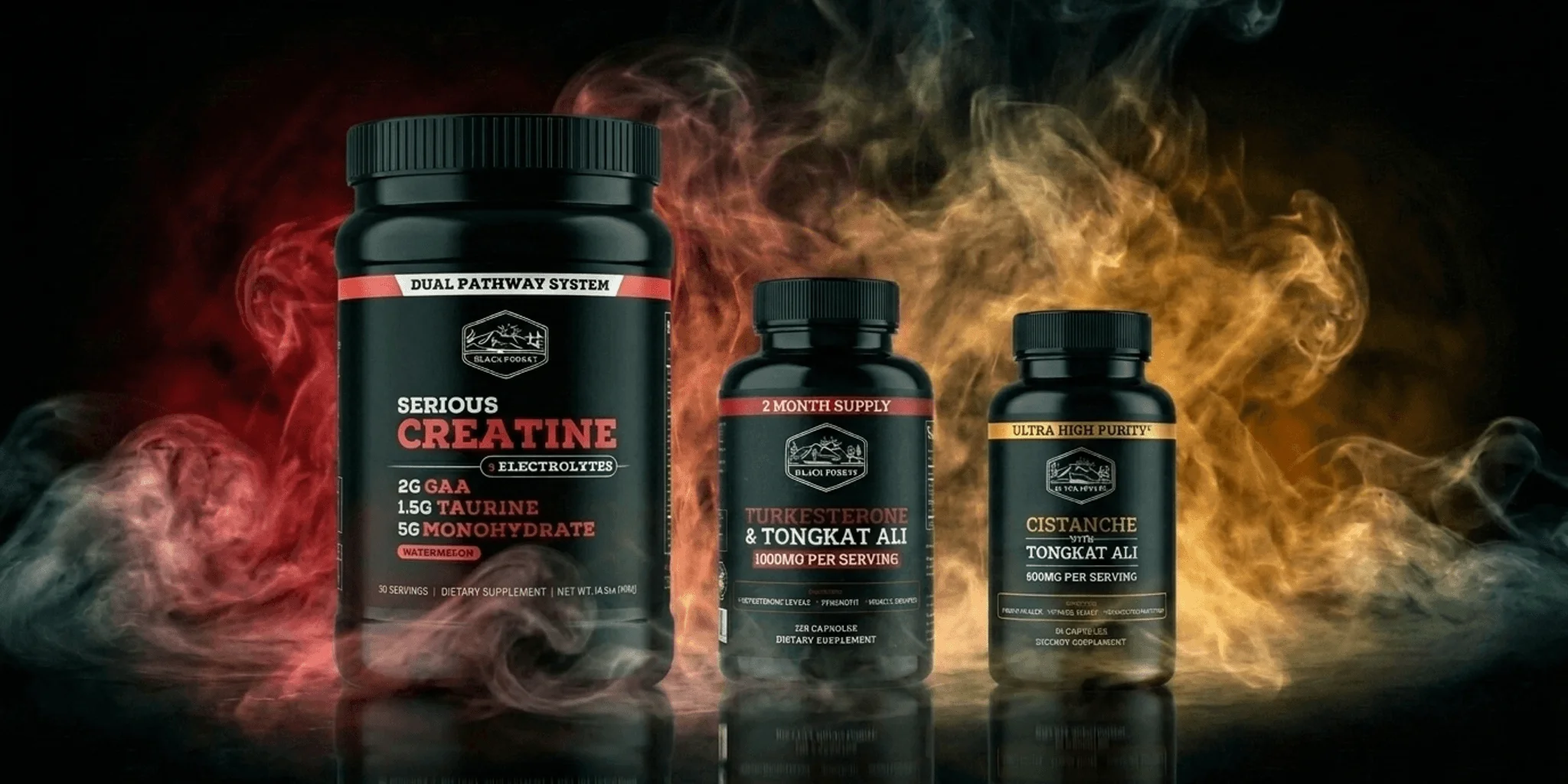Black Forest supplement bundle featuring Serious Creatine, Turkesterone with Tongkat Ali, and Cistanche bottles in black packaging, displayed against a dramatic red and gold smoke background for fitness performance.